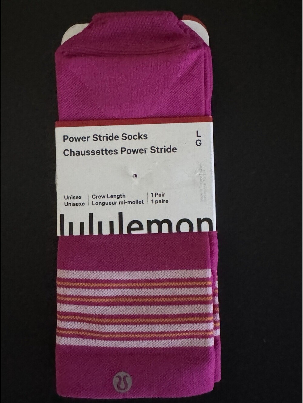 Lululemon Power Stride Crew Socks Large Pink Stripe Unisex NWT 1 Pair